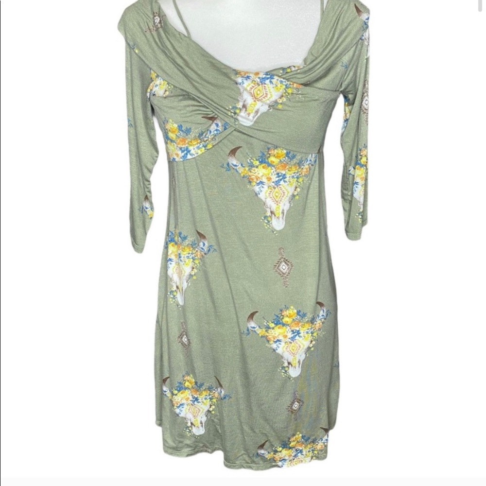 Olive floral bull skull dress - Picture 2 of 4
